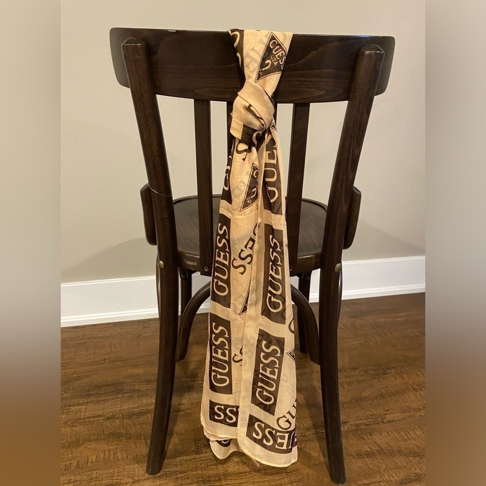 GUESS Sheer Monogram Logo Long Scarf Beige Brown Vintage Style